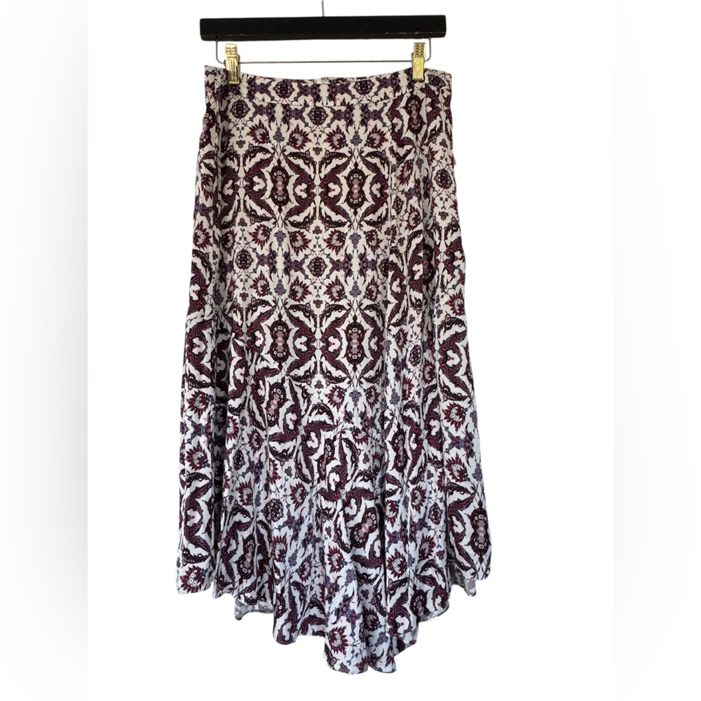 Classiques Entier White Burgundy Print Silk Blend Long Lined Bias Cut Skirt